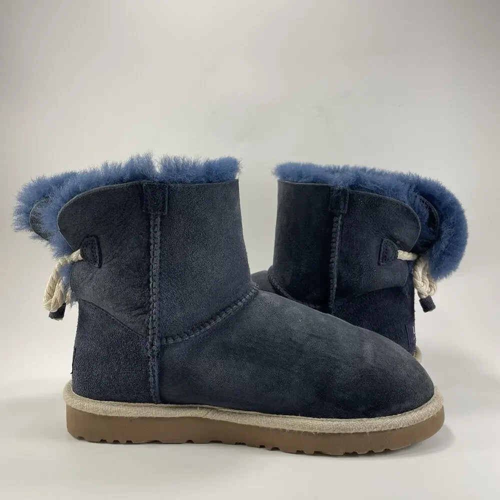 UGG Selene Winter Boots Womens Size 7 Navy Blue Suede Nautical Rope Tie Back